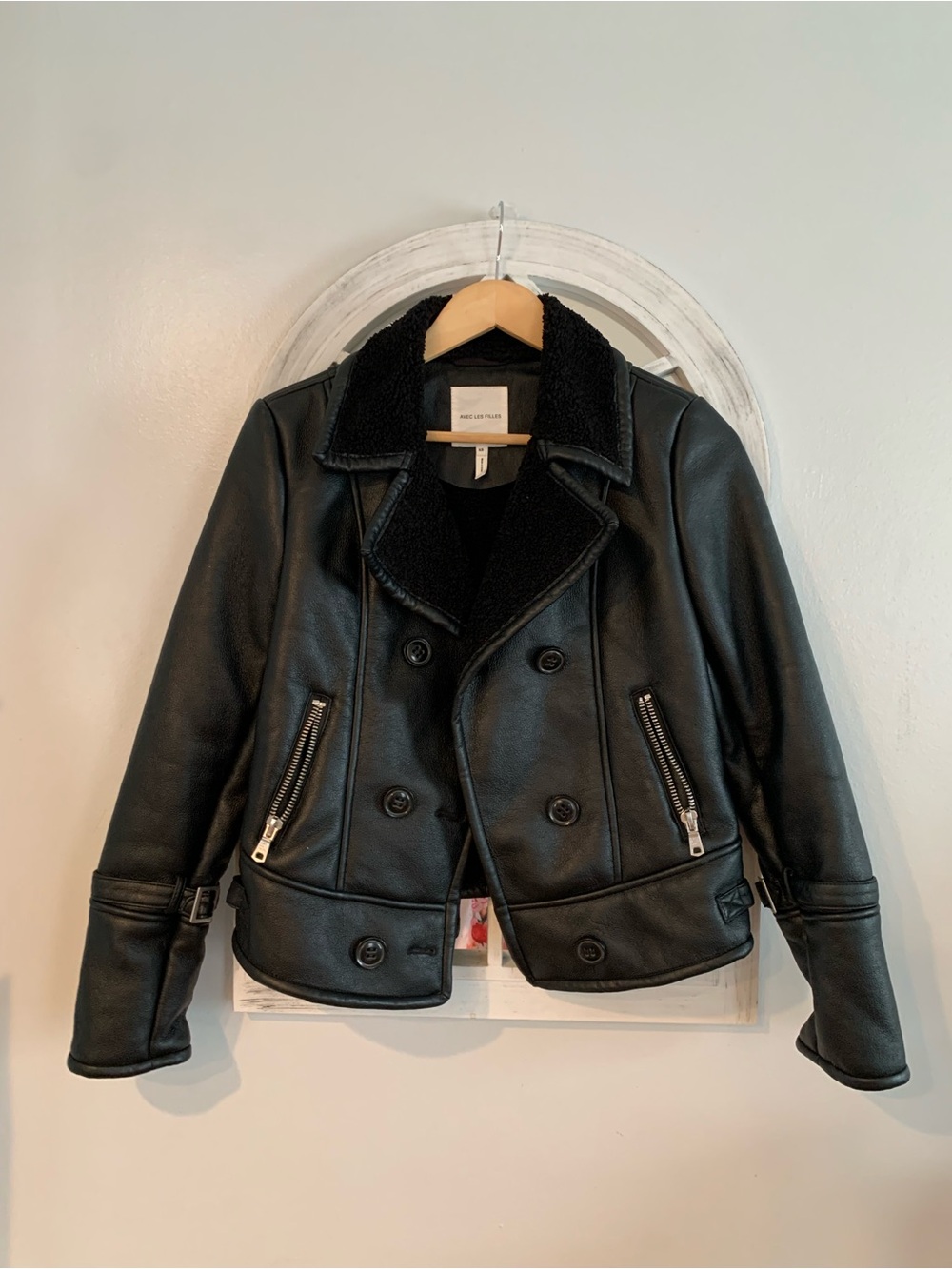 Avec Les Filles Black Faux Leather Double-Breasted Sherpa Jacket